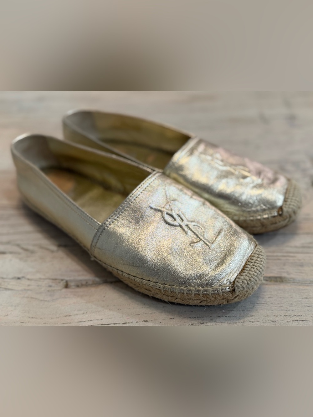 Yves Saint Laurent Gold Leather Monogram Espadrilles size 37.5 - Picture 4 of 15